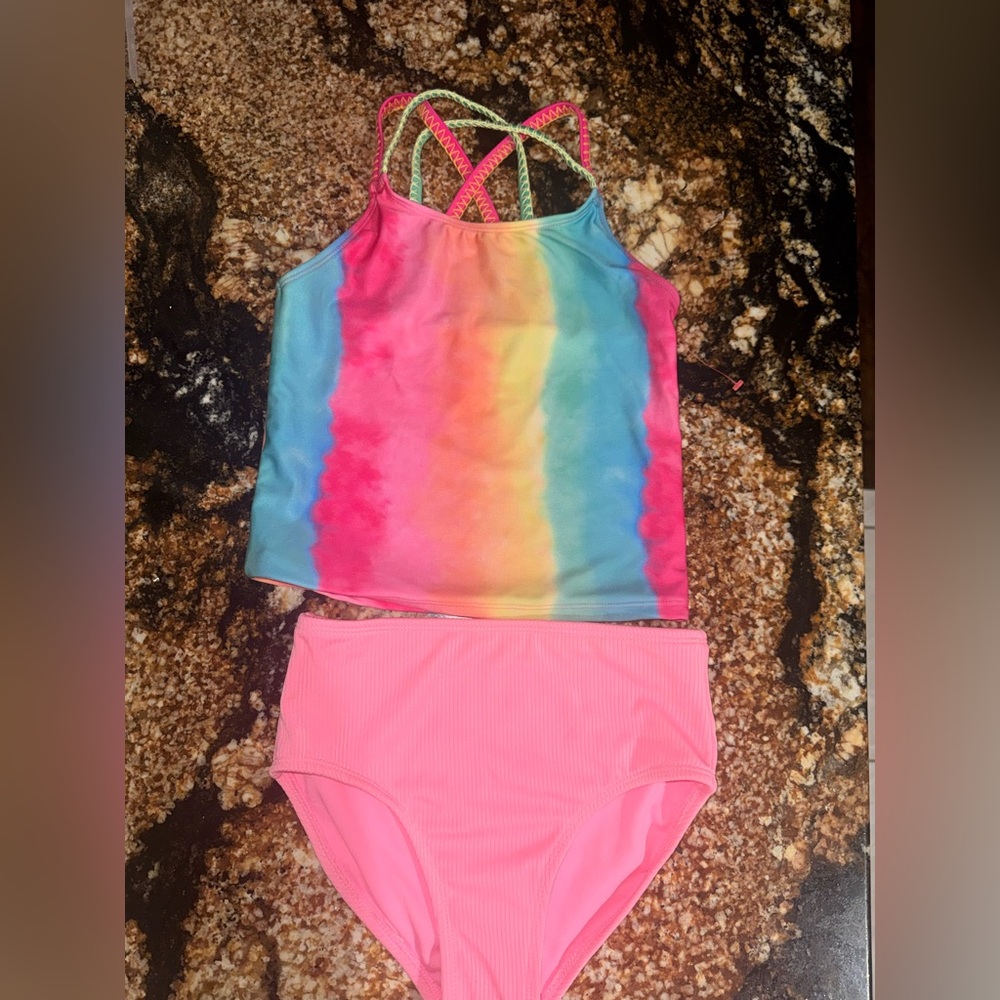 art class Girls' Rainbow Tankini Set with Pink Bottoms